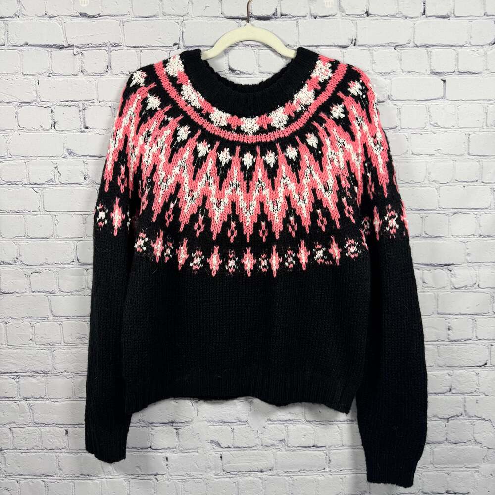 Hooked Up By IOT Juniors' Fair Isle Crewneck Sweater Black Combo Size L